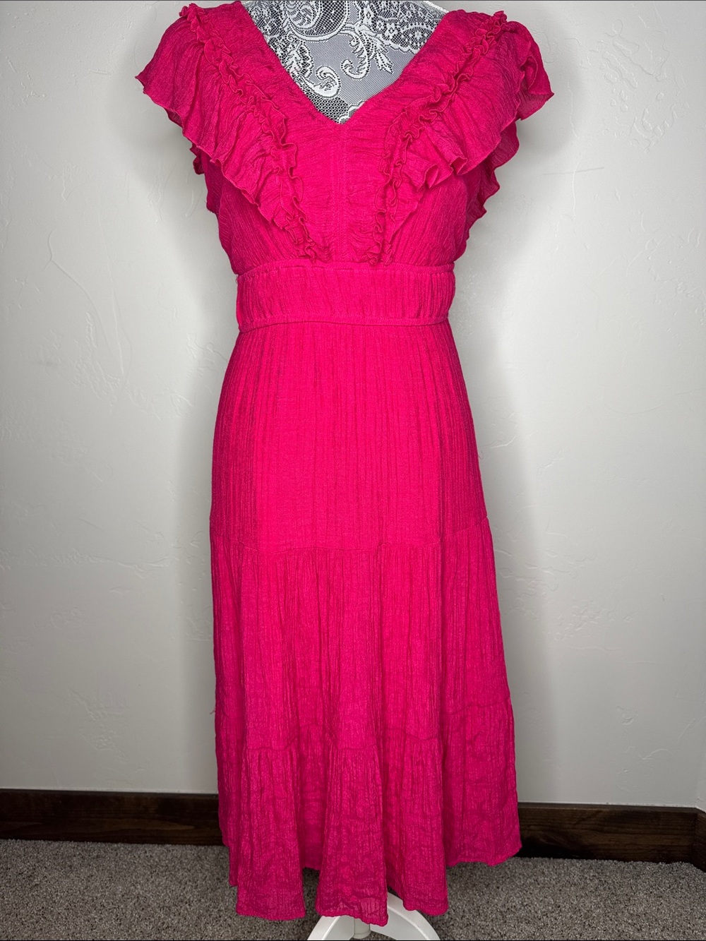 Indigo Rose Ruffled V-Neck Tiered Midi Dress in Pink